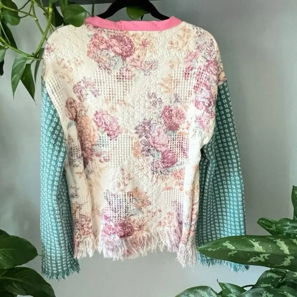 Tapestry crewneck floral pattern, upcycled blanket w fringe, Handmade Med